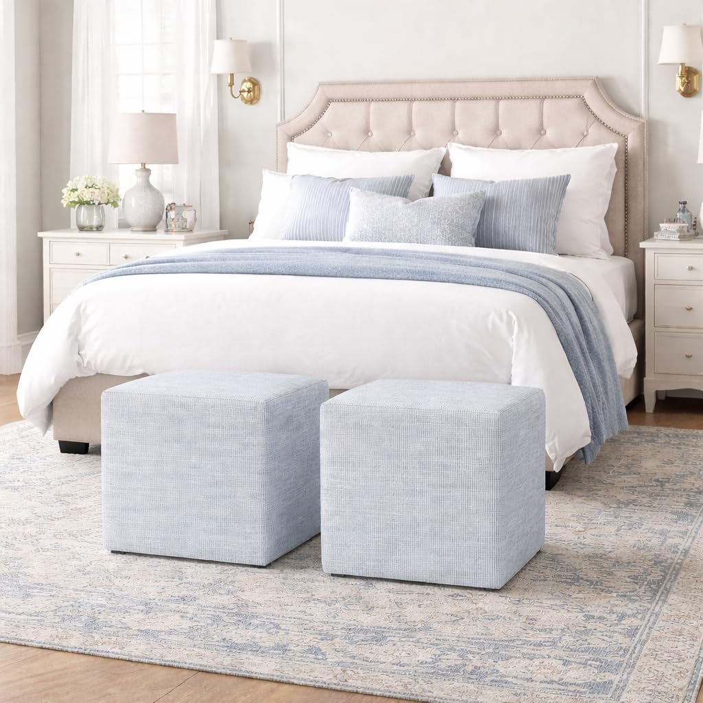 HomePop 19" Square Ottoman - Blue Pinstripe Fabric