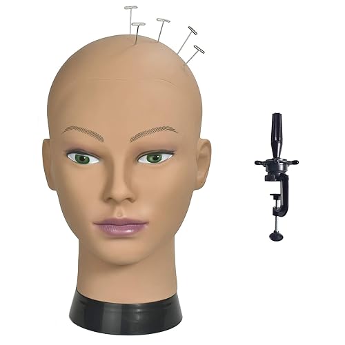Miniatura 7 de Ba Sha Cabeza de maniquí calva beige femenina profesional cosmetología maniquí cabeza de muñeca para hacer pelucas, sombrero, exhibición de gafas