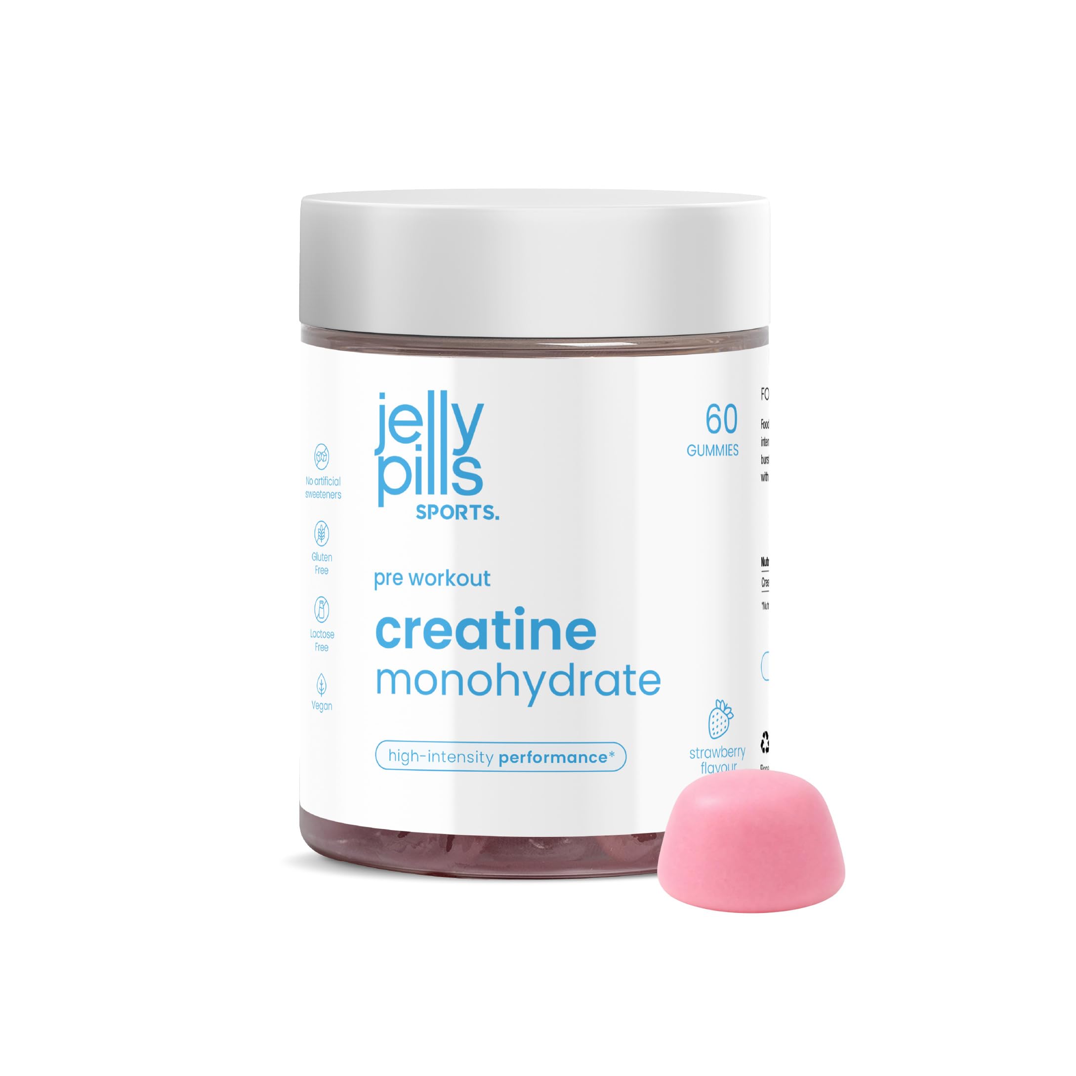 Gummies Créatine Monohydrate pure – 1,5 g par Gummy – 60 Gummies véganes – Pré-Entraînement Force, Performance Physique et Mentale – Renforcement Cognitif – Goût Fraise – Jelly Pills Sports – 1 mois