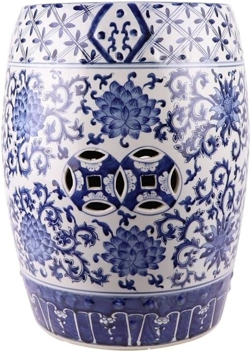 Garden Stool Ceramic Garden Stool, Hand-Painted Blue and White Lotus Design, Decorative Porcelain Drum Stool Ottomans(RZMV21)