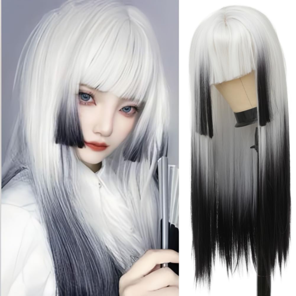 Swiking White to Black Womens Wig with Bangs Long Straight Silky Hair Wig Natural Heat Resistant Fiber Wigs for Cosplay Halloween Use