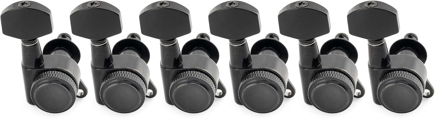 Musiclily Pro 6-in-line 18:1 Ratio Full Sealed Locking Machine Heads Tuners Tuning Pegs Keys with Hex Button 45 Degree Screw for Strat Tele Style Electric Guitar, Black
