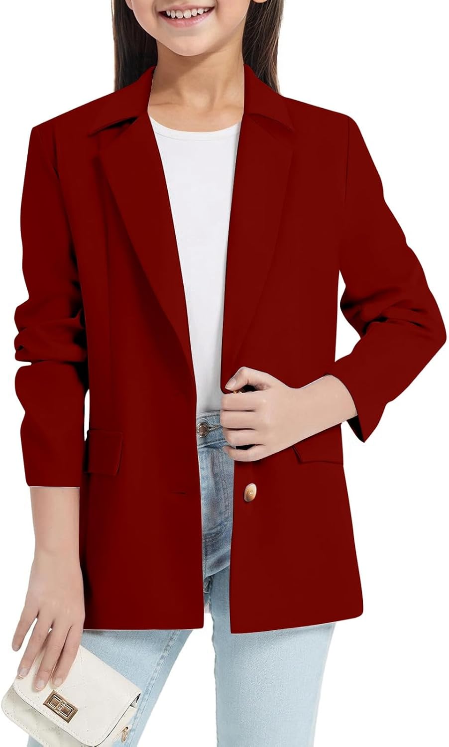Girls Solid Blazer Jacket, Long Sleeve Open Front Formal Coat, Notched Lapel with Pocket Uniform Outerwear for Kids 3-14Y