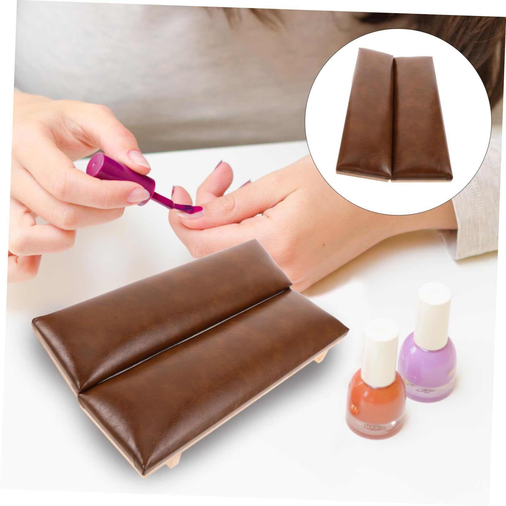 Cuscino Poggiamani per Unghie Marrone 40x10x9 Cm in Pu | Supporto Stabile e Antiscivolo, per Manicure Professionale, Set con Poggiapolso per Tavolo