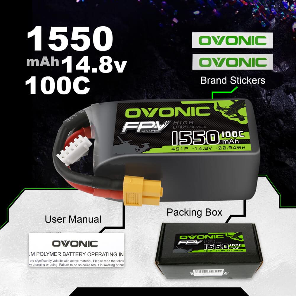 OVONIC Batería de polímero de Litio 4S 1550 mAh 100 C 14,8 V con Conector XT60 para RC FPV Quadcopter Avión Hobby DIY (2 Unidades)
