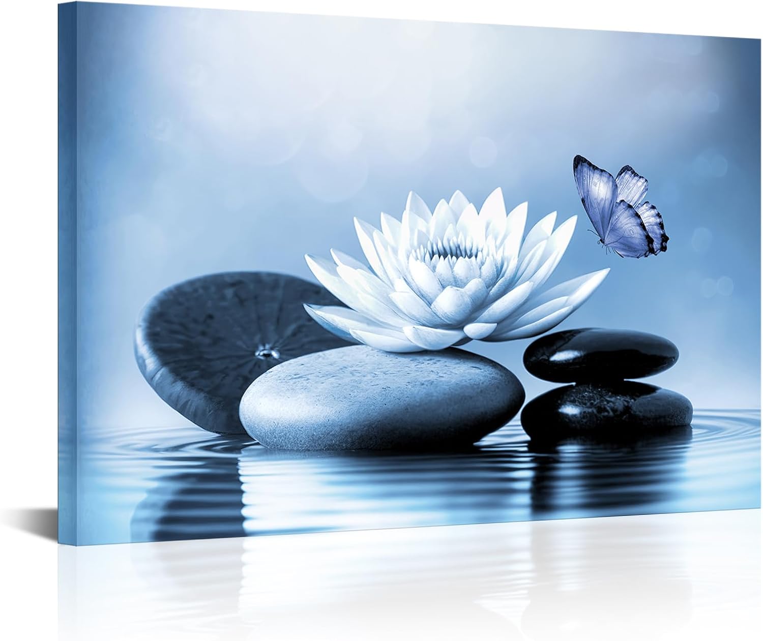 VANSEEING Zen Canvas Wall Art Blue Lotus Flowers Stones Butterfly on Water Lily Pictures Calming Modern Artwork Painting Spa Bathroom Wall Decor for Yoga Studio Meditation Living Room 24"x36"
