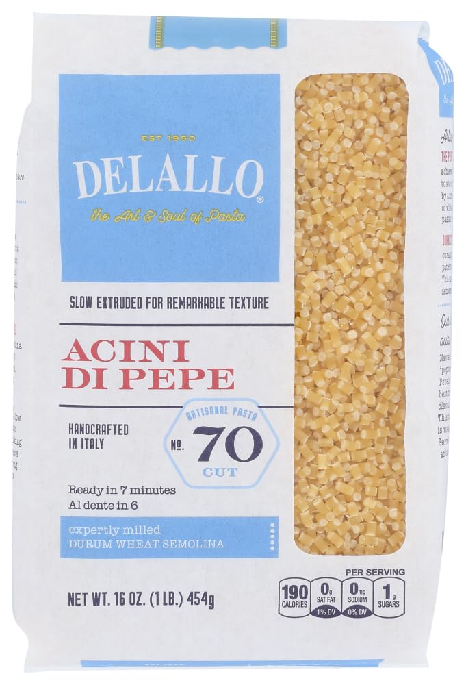DeLallo Acini di Pepe Pasta, Made in Italy, Small Pastina, Cooks in 9 Minutes, Made with Durum Wheat Semolina Flour, Non-GMO, 1 Pound Bag, (16 Pack)