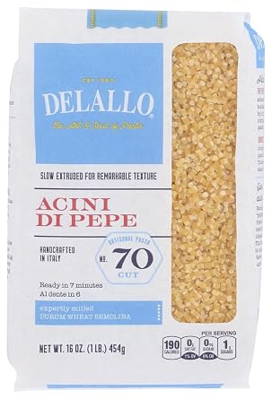 DeLallo Acini di Pepe Pasta, Made in Italy, Small Pastina, Cooks in 9 Minutes, Made with Durum Wheat Semolina Flour, Non-GMO, 1 Pound Bag, 16 Pack