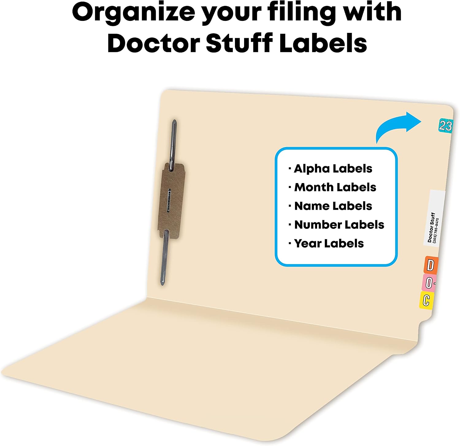 Medical File Folders with Fastener, Doctor Stuff, Letter Size, Reinforced End Tab Folders with 2” Bonded Fastener on Inside Back, 14 pt Manila Stock, Box of 50