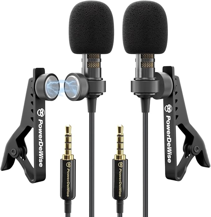 PowerDeWise Dual Lavalier Microphone Set for iPhone, Android & Camera – Professional Clip-On Lapel Microphones for Interviews, Podcasting, YouTube, Video Recording, Vlogging & Online Teaching