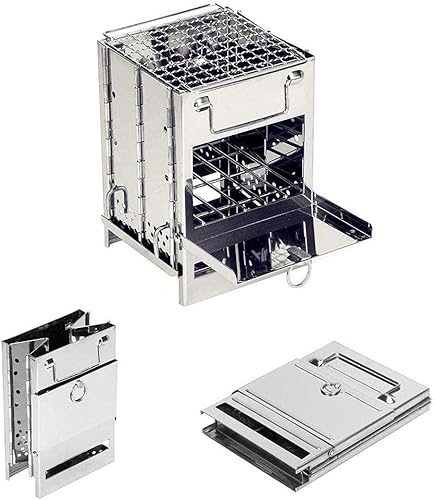 Miniatura 2 de Estufa de leña plegable para acampar con parrilla, estufa de campamento plegable para mochileros, estufa de supervivencia de acero inoxidable para