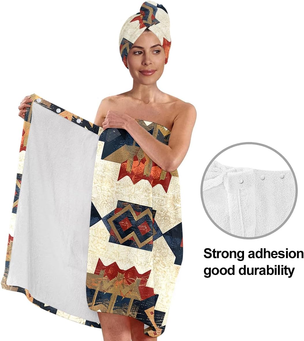 Navajo Bath Wrap Set with Hair Turban, Geometric Aztec Absorbent Quick-Dry, Spa Towel Wrap, Towel Robe for Women