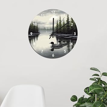 PVC Clock Loon Bird Hanging Wall Clock Lake Forest Animal 12in Silent Non-Ticking Battery Operated Artistic Large Wall Clock for Bedroom Living Room Office Home Kitchen