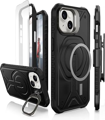CaseBorne Compatible with iPhone 15 Protective Case - Compatible with MagSafe, Slim Yet Rugged with Tempered Glass Screen Protector, Includes Kickstand & Belt-Clip Holster - Black