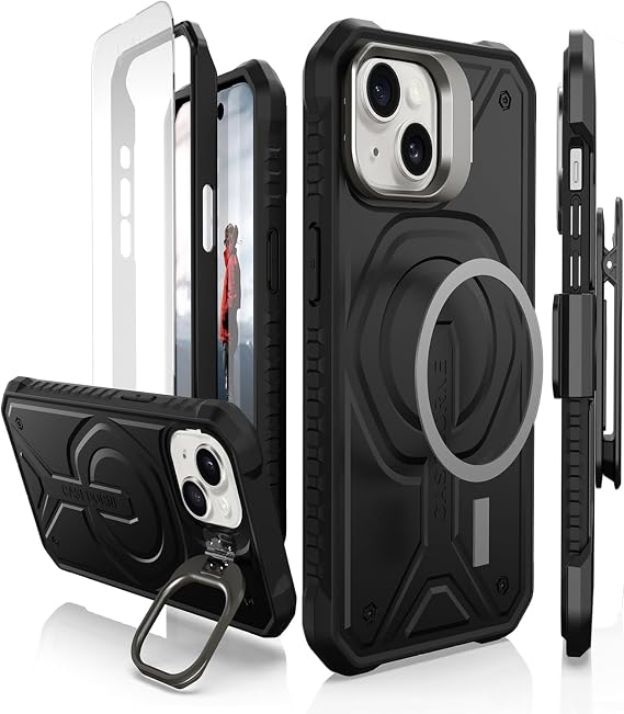 CaseBorne Compatible with iPhone 15 Protective Case - Compatible with MagSafe, Slim Yet Rugged with Tempered Glass Screen Protector, Includes Kickstand & Belt-Clip Holster - Black