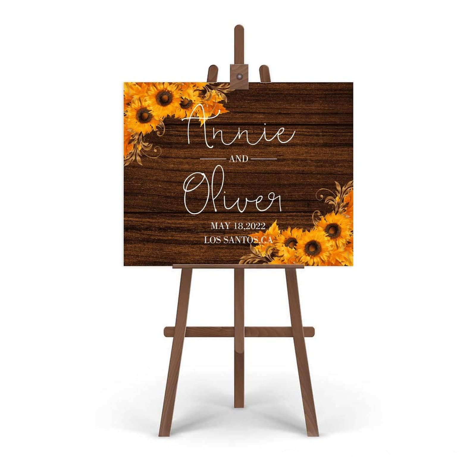 Żółty, słonecznik jesień ślub Woodgrain znak spersonalizowany znak powitalny dla panny młodej wykonane na zamówienie dowolne imię 'Welcome to Our Wedding Sign' / recepcja znak 45 x 61 cm