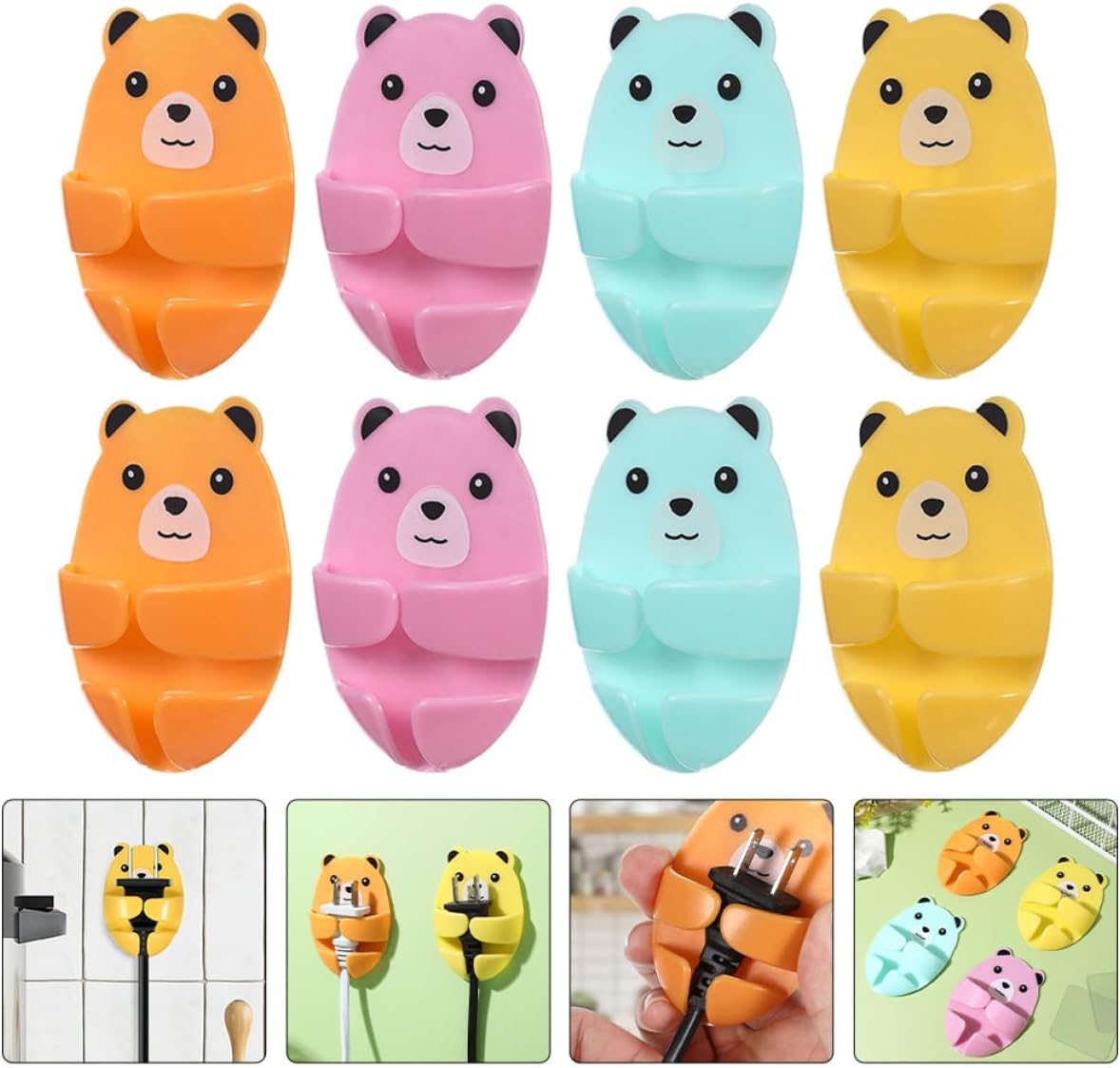 BETOOKY 8pcs Cartoon Bear Plug Organizer Adhesive Power Outlet Hooks Plastic Cable Holder Wall-Mount Cord Retainer for Kitchen and Home Storage