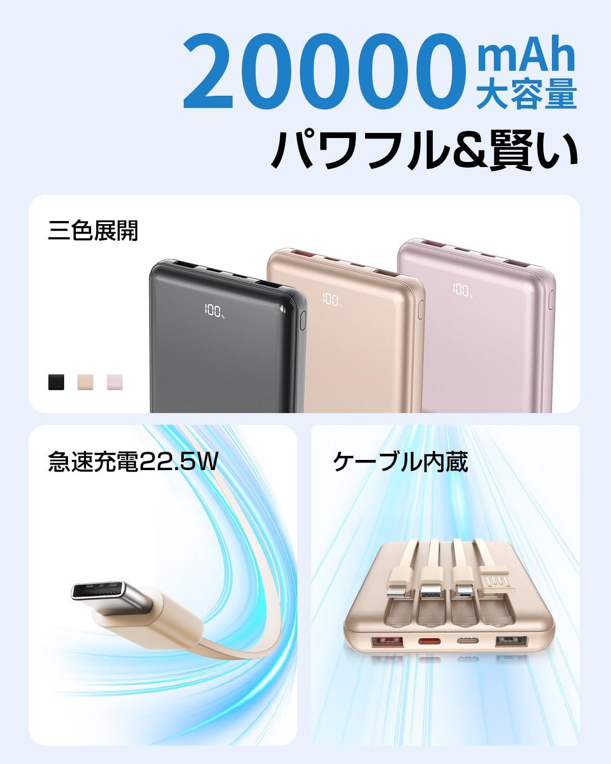 Amazon | 【家族でシェア】モバイルバッテリー 20000mAh ケーブル内蔵3