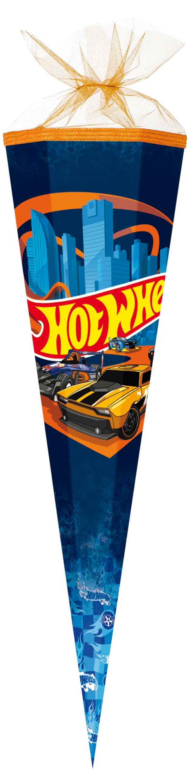 Nestler Schultüten-Set zum Befüllen, Handgemachte Zuckertüte aus Karton - Motiv Hot Wheels - Speed Club, Schultüte, Spitzenschutz, Schleife (orange, 85 cm 6-eckig)