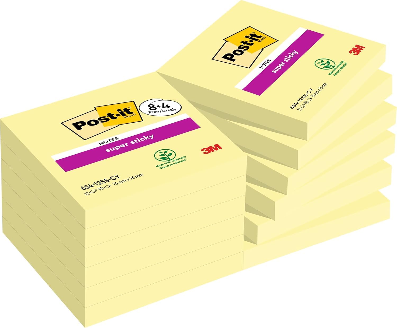 Post-it Super Sticky Notes, Gelb, 76 mm x 76 mm, 12 Blöcke à 90 Blatt zum Vorteilspreis