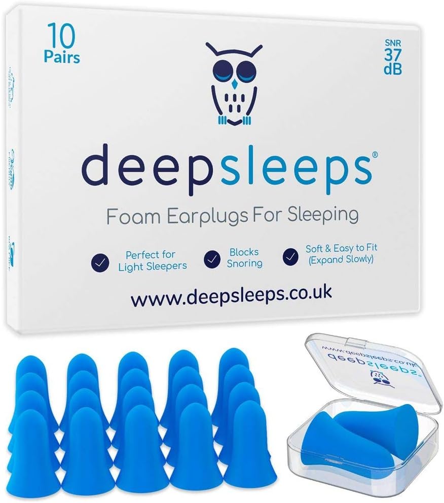 Ear Plugs for Sleeping by Deep Sleeps, Reusable Foam Ear Plugs, 10 Pairs, 37dB of Passive Noise Cancelling, Slow Expanding Soft Foam Earplugs for Sleeping, Easy to Fit,