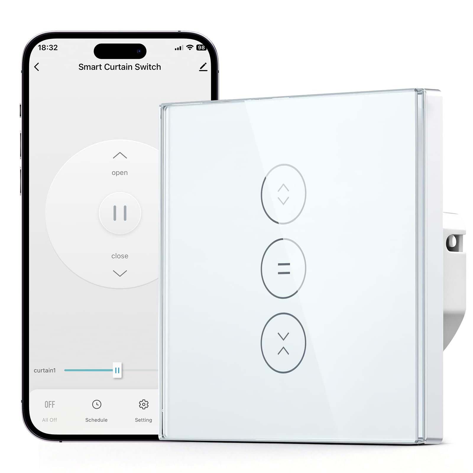 Interruptor Persiana WiFi, Alexa Interruptor Tactil de Persiana con Función Porcentual compatible con Alexa/Google/Siri, Smart Switch Curtain con Tuya & Smart life, Requiere Cable Neutro