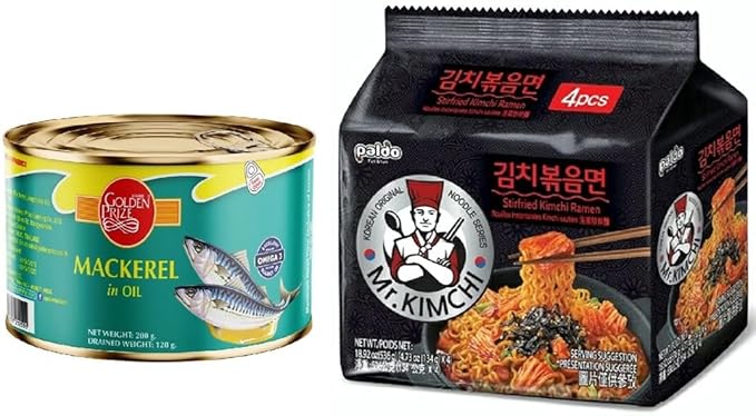 Golden Prize Mackerel in Oil, 200g and Paldo Mr. Kimchi Noodles 134g, Combo Pack