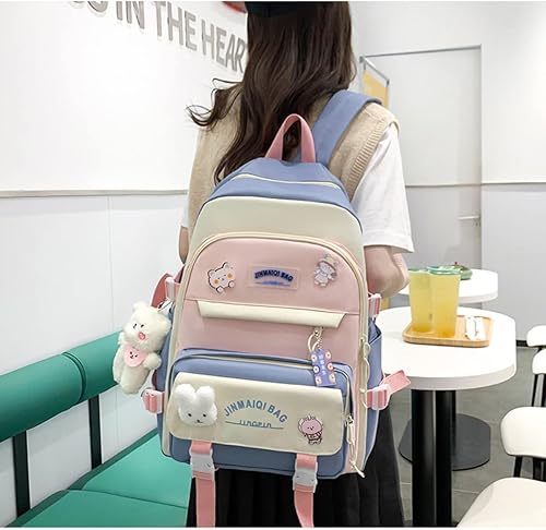 Miniatura 5 de Juego de 5 mochilas kawaii con colgante de oso y alfileres - Kit de mochila de conejito de anime japonés con diseño de retazos, Azul, Japonés
