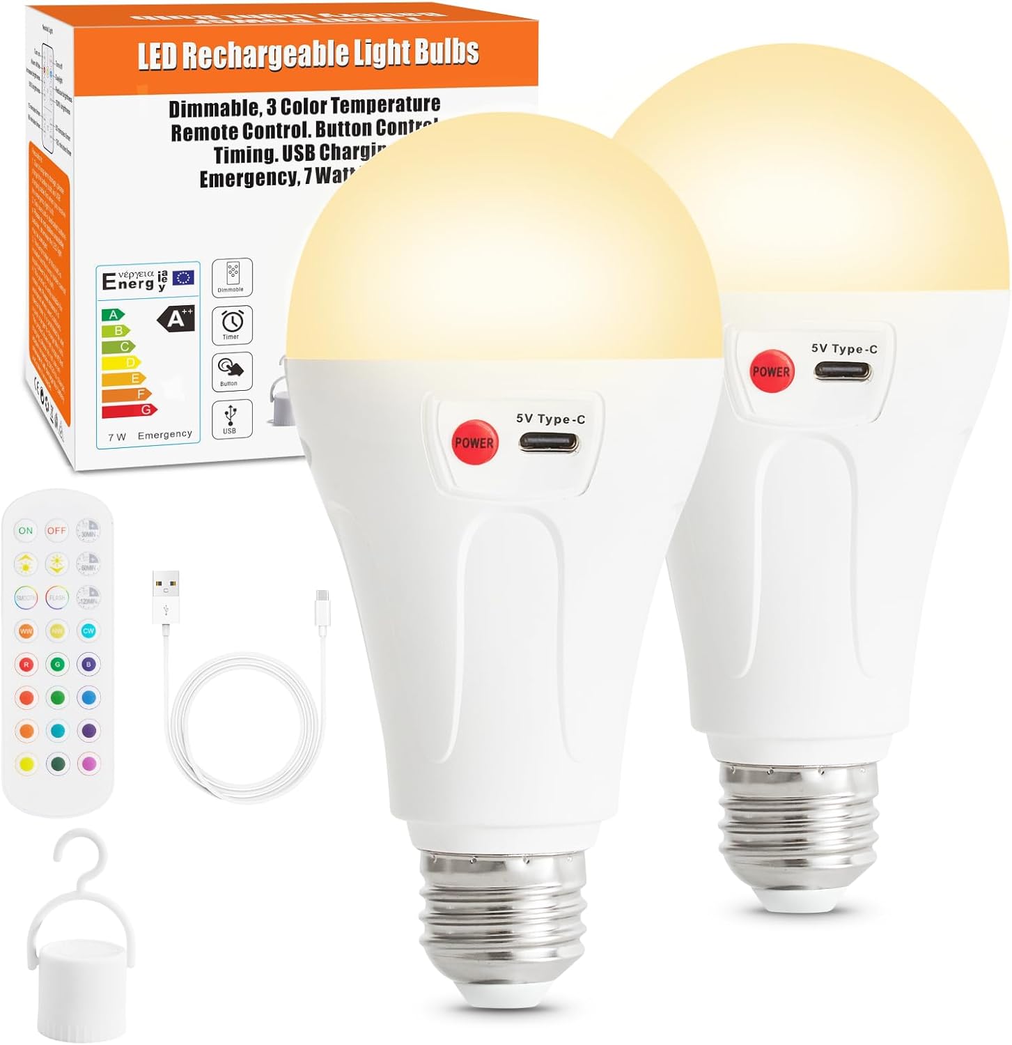 2 packs e26 cordless rechargeable battery operated light bulbs with remote?300lm dimmable battery powered led magic emergency light bulb for lamp, 3 color temperatures + 9 rgb colors