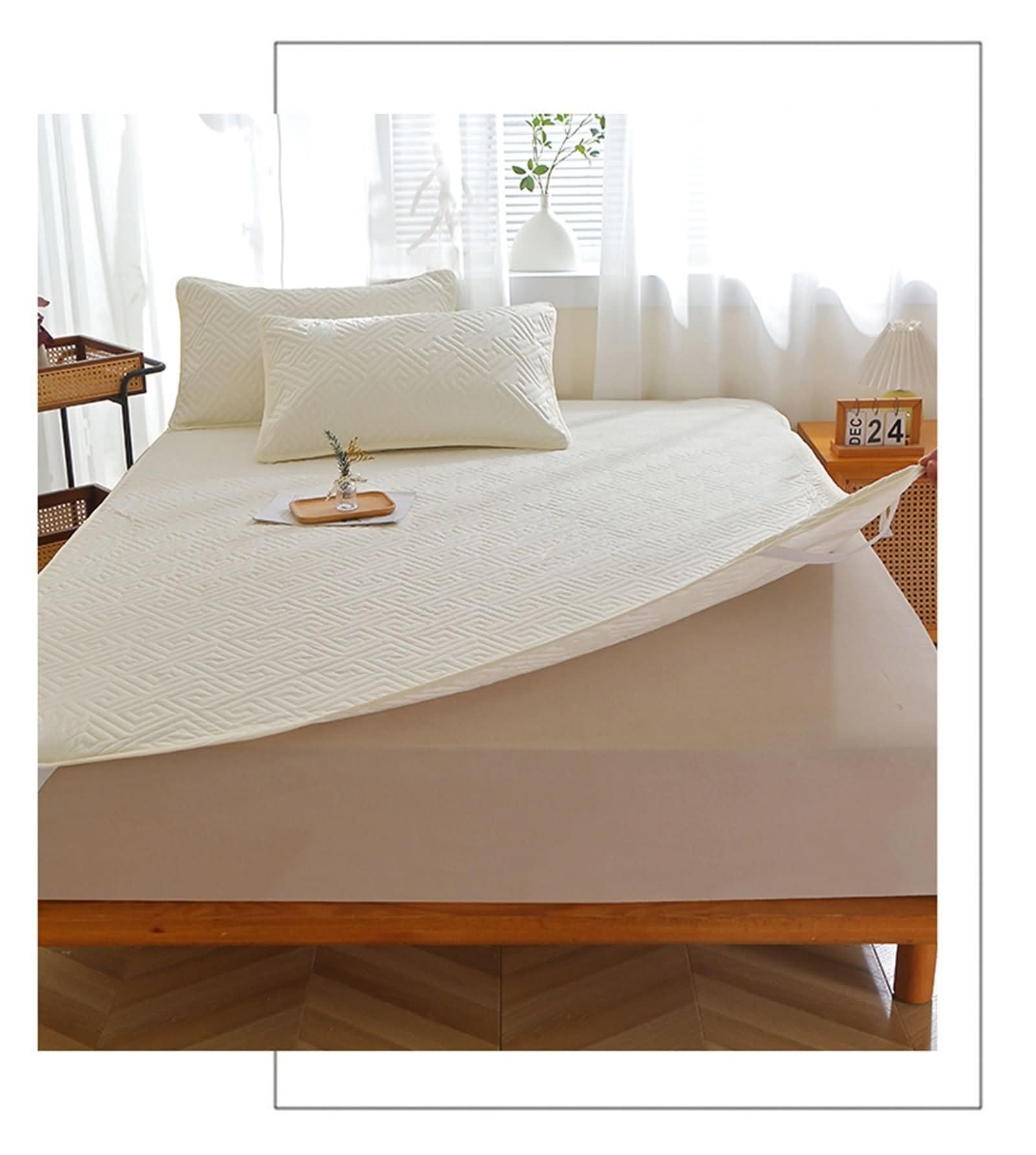 AMDXD Funda de colchón de 120 x 200 cm con 1 funda de almohada, juego de 2 piezas, hipoalergénico, cubrecolchón de invierno, monocolor, beige, blanco, comodidad para dormir, sábana bajera de algodón