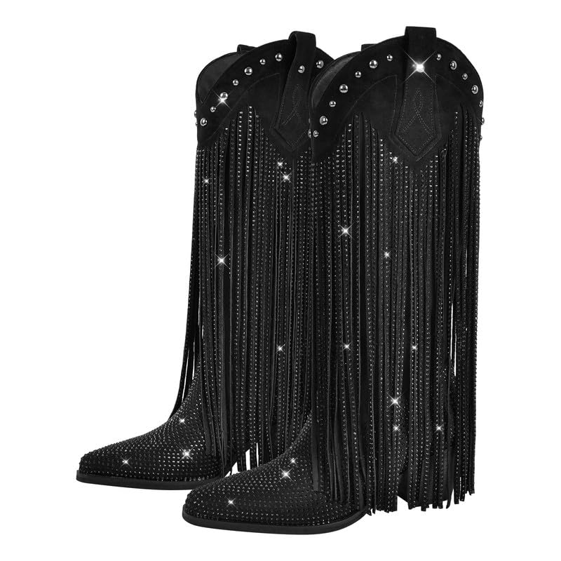 sexytag Women's Rhinestone Fringe Cowgirl Cowboy Boots for Women Knee High Wide Calf Tassal Western Boots