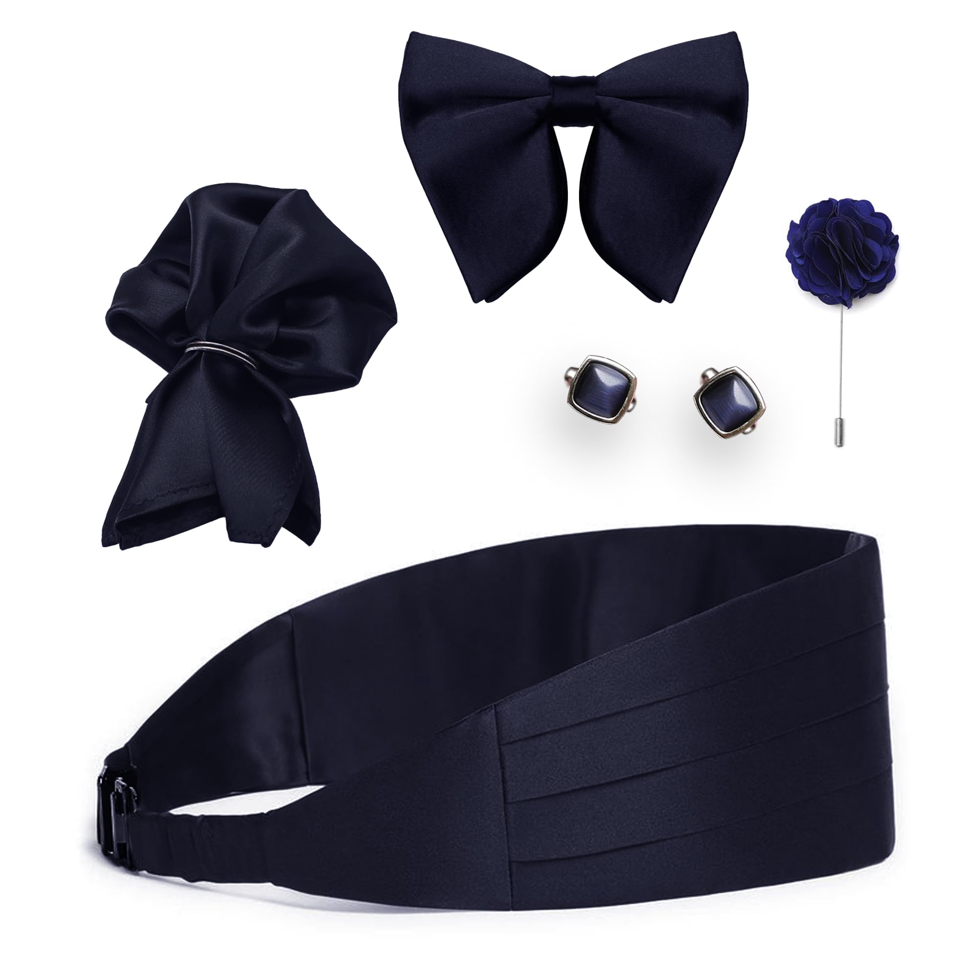 Men's Satin Cummerband, Butterfly Bow Tie, Pocket Square, Cufflink and Lapel Pin Set | Tuxedo Set | Gift Set | for Men (Navy Blue).