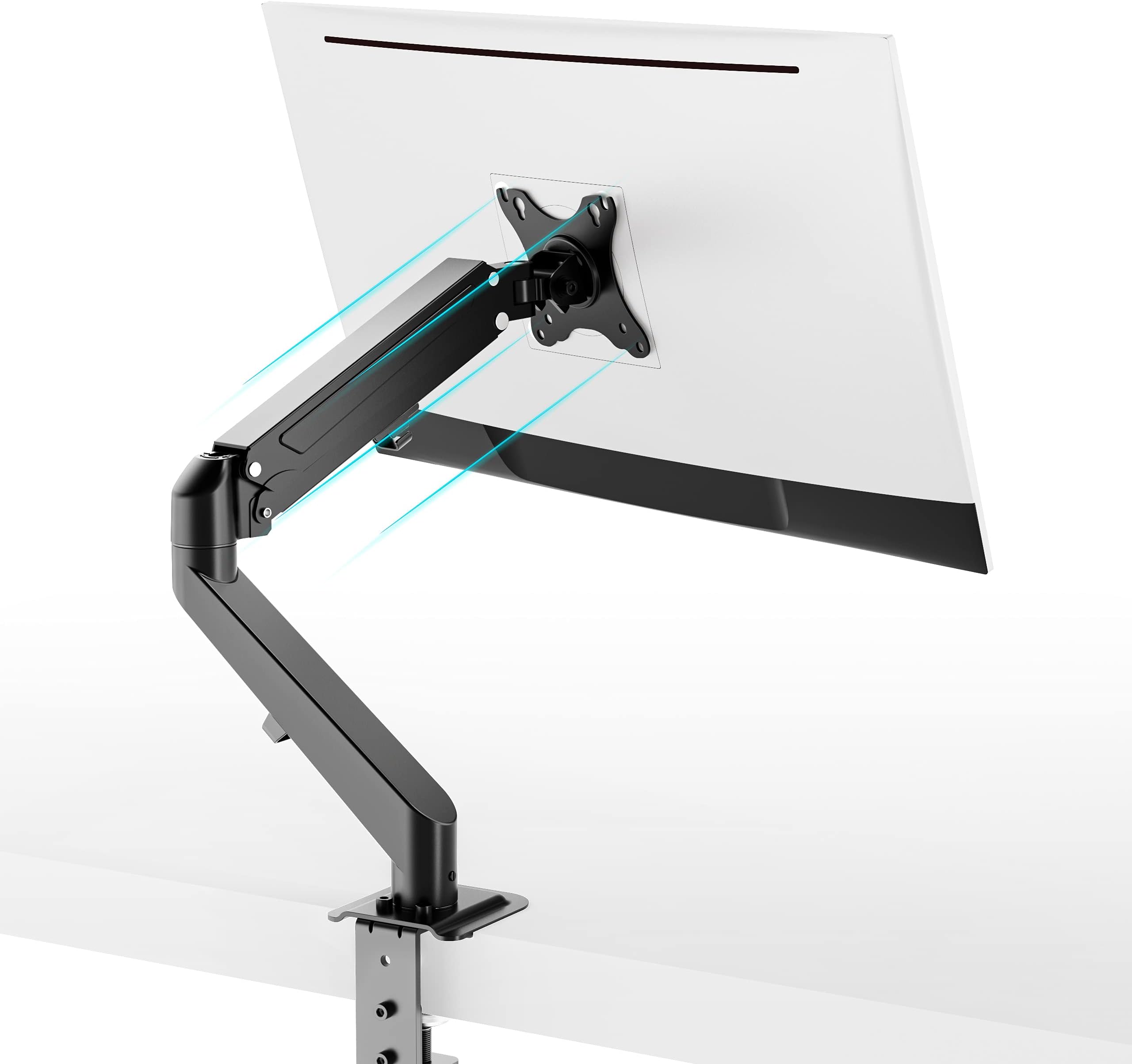 WORLDLIFT Single Monitor Arm for 17"-27" LED LCD Screens, Steel Ergonomic Gas Powered Height-Assisted Full Motion Single Arm Desktop Clamp Mount, Tilt Swivel VESA 75 to 100mm Weight 2kg to 6.5kg