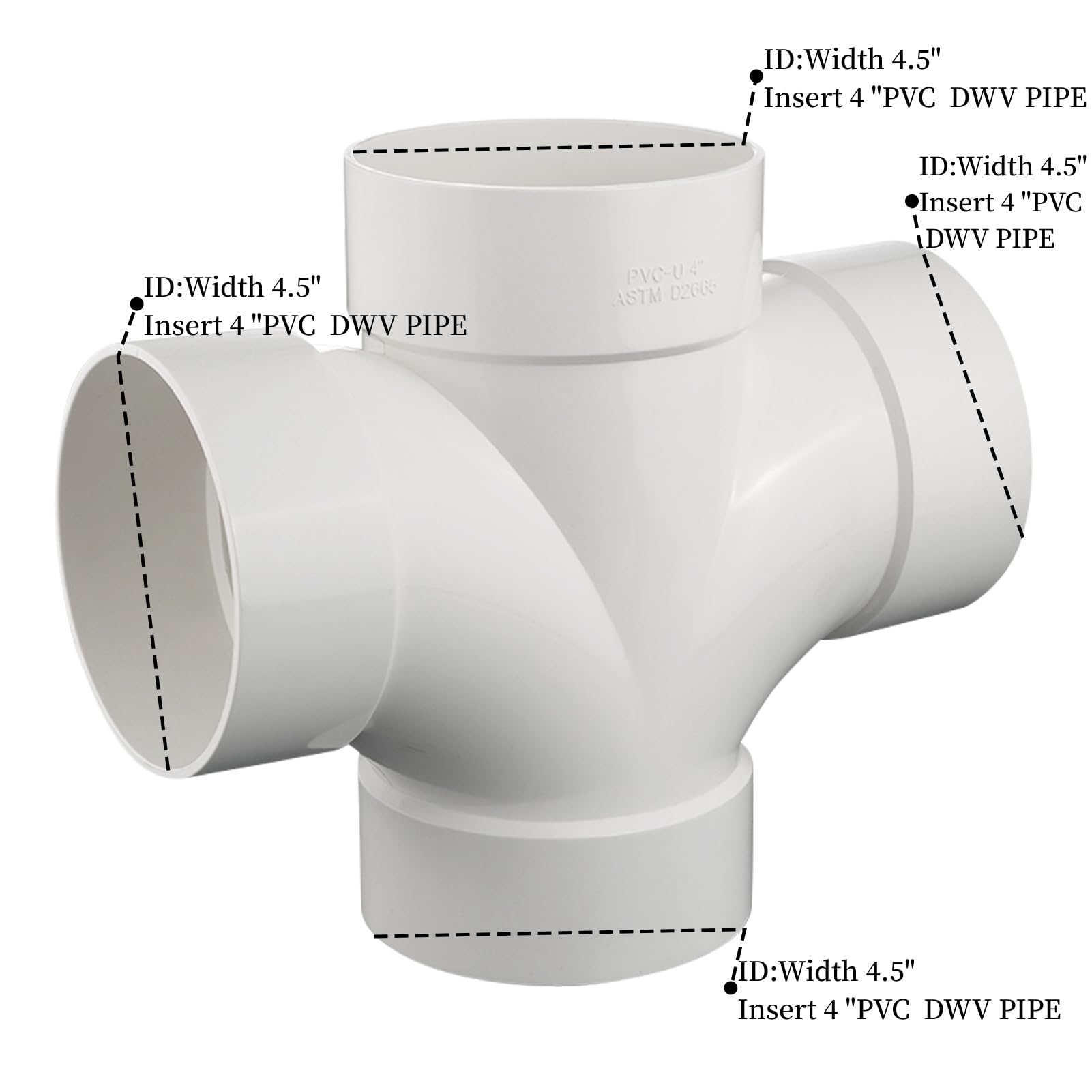 4 x 4 x 4 x 4 PVC DWV Doppel-Sanitär-Dreifach-TE-Straße für Abfluss und Entlüftung, PVC-Rohr, 4-Wege-Kreuzverschraubungen, Verbindungskupplung, Adapter, weiß