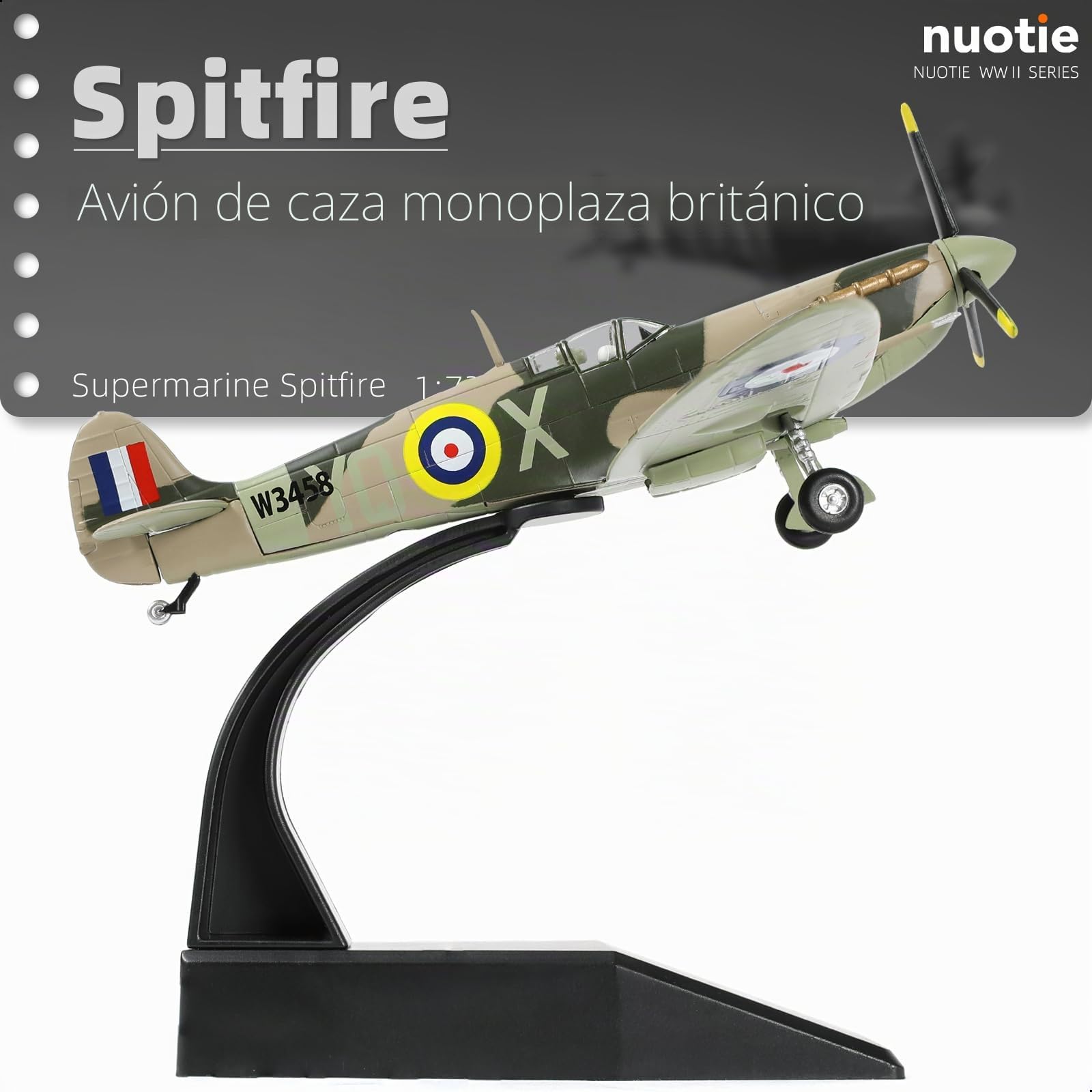 NUOTIE Supermarine Spitfire Británico a Escala 1/72 Modelo de Caza en Metal Fundido a Presión Simulación de la Segunda Guerra Mundial Avión Antiguo Preconstruido para Coleccion o como Regalo