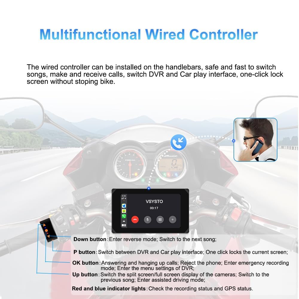 VSYSTO bezprzewodowa kamera samochodowa CarPlay do motocykli z ekranem dotykowym 5", nawigacją GPS, monitorowaniem parkowania, WiFi, przednią i tylną kamerą 1080p oraz czujnikami ciśnienia w oponach