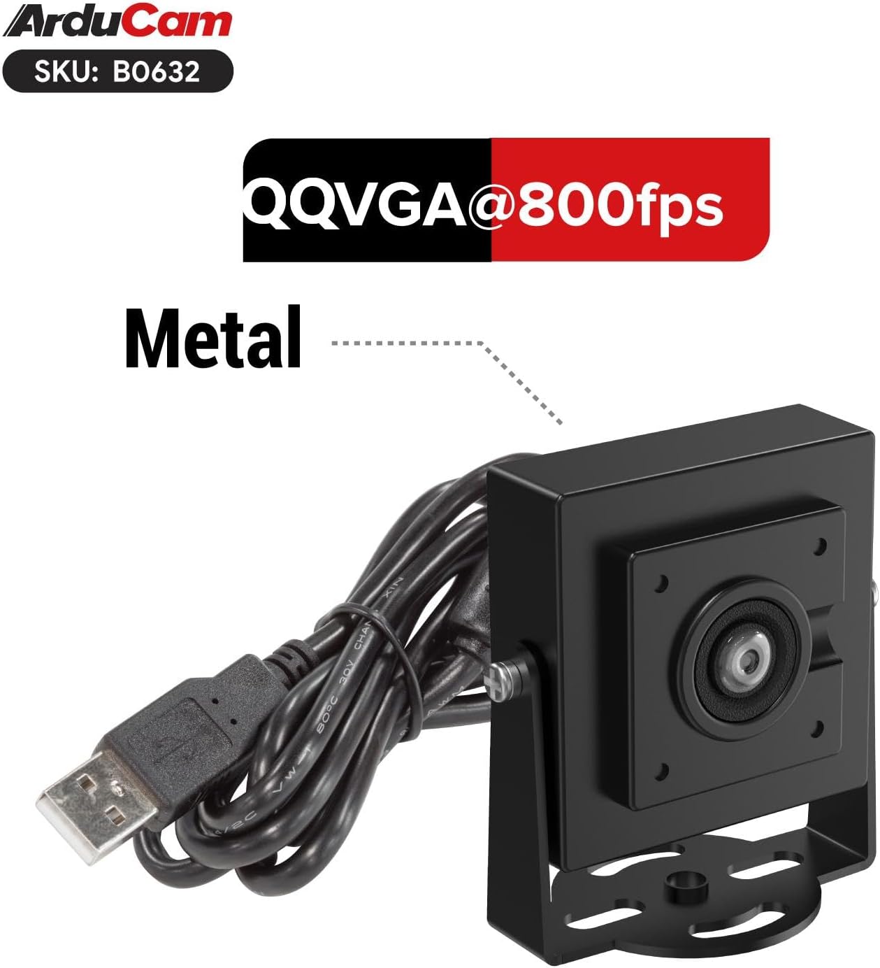 Arducam VGA Global Shutter USB Camera Module, 800 FPS@QQVGA High Speed Camera, Monochrome Wide Angle UVC Webcam for Windows, Linux OS