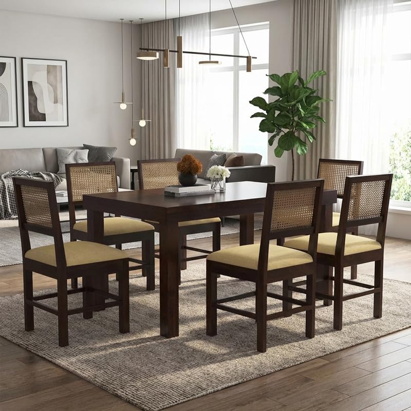 Image of Furniture Solid Sheesham Wood 6 Seater Dining Table Set with Cushioned Chairs | Multipurpose Wooden Six Seater Dinner Table Set for Living Room, Dining Area and Home (Walnut Finish)