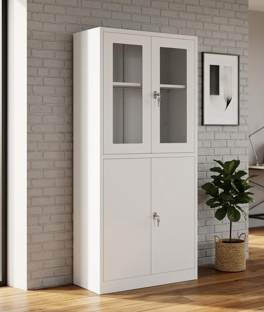 Amazon.co.jp: 両開き書庫 スチール ガラス扉 キャビネット 高さ180cm