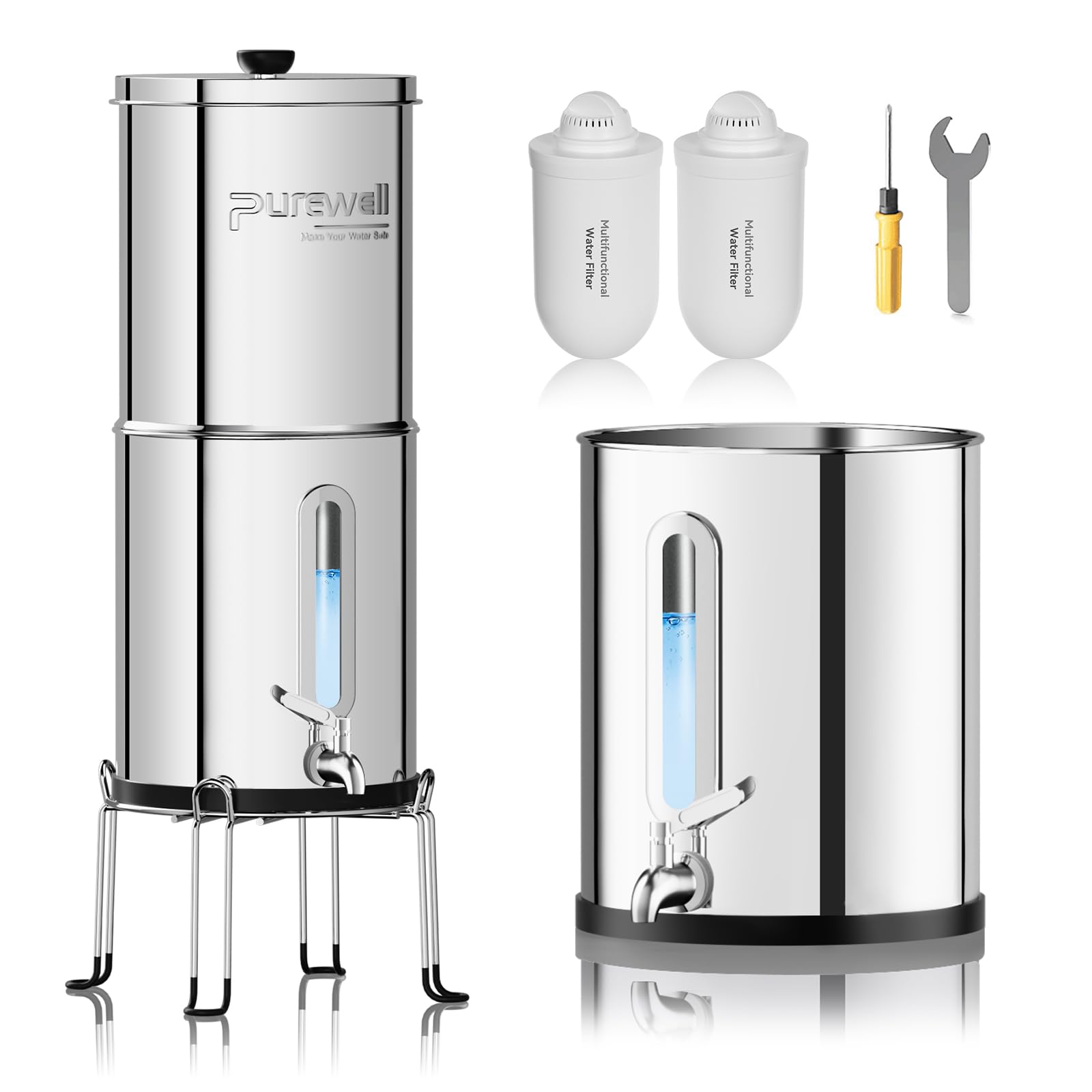 Photo 1 of Purewell Upgraded 6-Stage 0.01?m Ultra-Filtration Gravity Water Filter System with Water Level Window, 304 Stainless Steel Countertop System with 2 Filters and Stand, Reduce 99% Chlorine, BO-2.25G