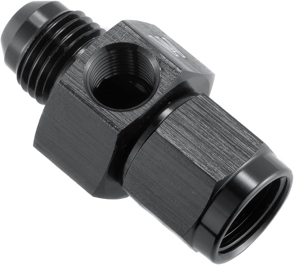 6AN Female to AN6 Male Flare Fitting Adapter Union with 1/8" NPT Pressure Port Aluminum Black