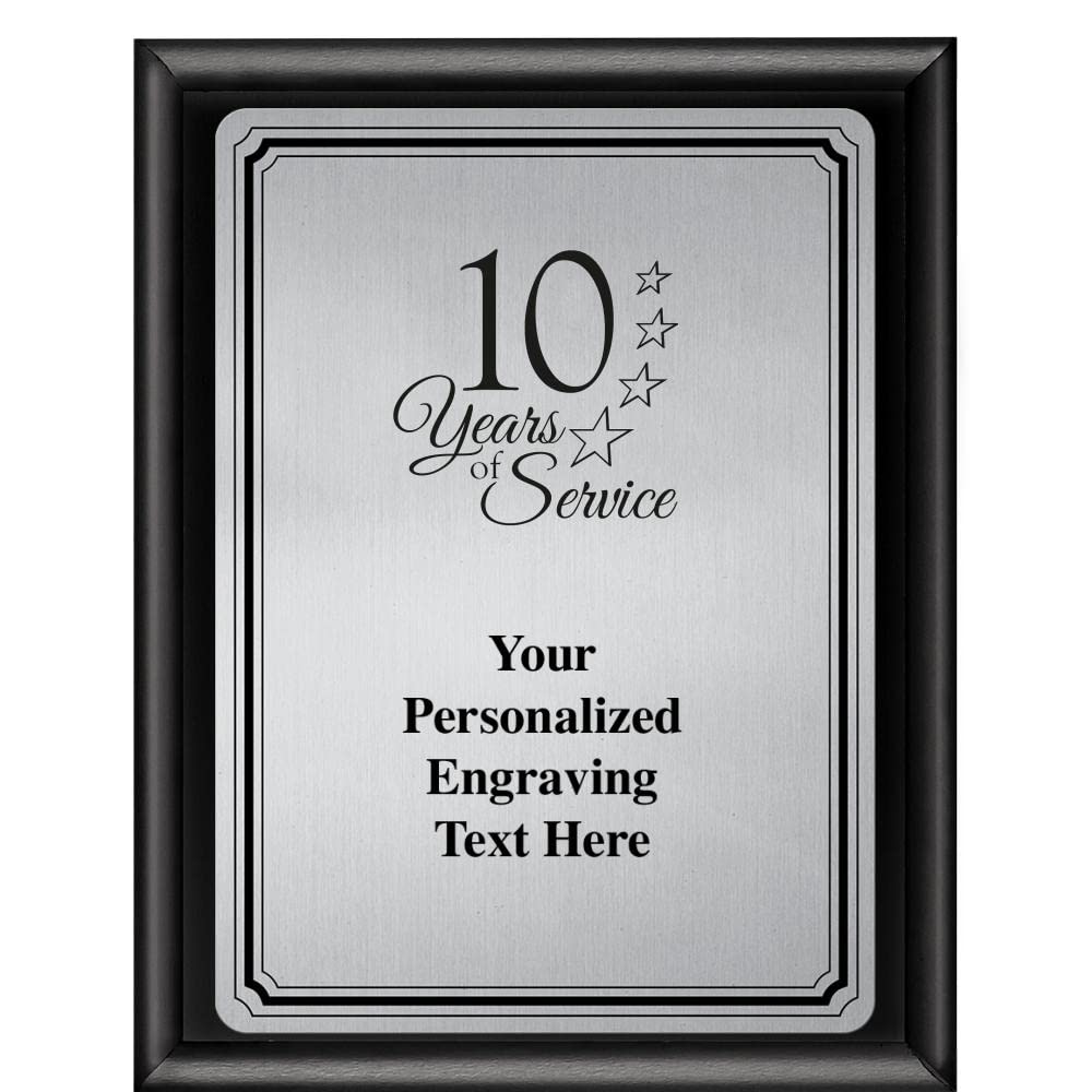 Crown Awards 10 Years of Service Plaque Award, 6x8 Personalized Silver Work Anniversary Employee Appreciation Metal Trophy On Shiny Black Plaque with Custom Engraving