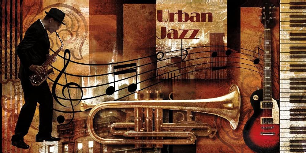 TELA-FRAMED-with-AMERICAN-BOX Urban Jazz Robert Paul - Stampa artistica orizzontale Figurativa Musica Figurativa Street Scene Cornice galleggiante 18_X_36_in