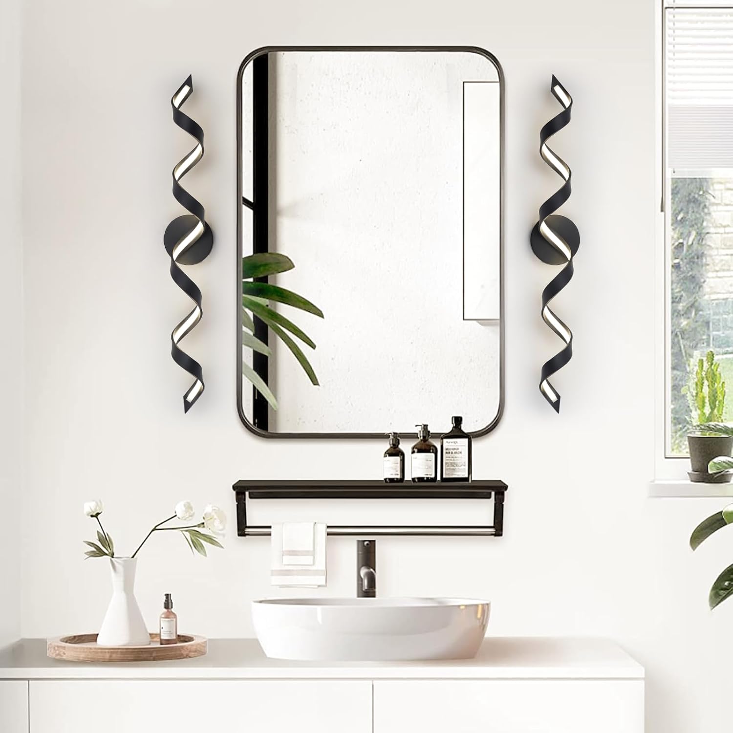 LED Modern Bathroom Vanity Light Fixtures, 31 inch Matte Black Wall Lamp Bedroom 4000K, Spiral Design Wall Sconce for Mirror, Living Room, Bedroom, Hallway 20W