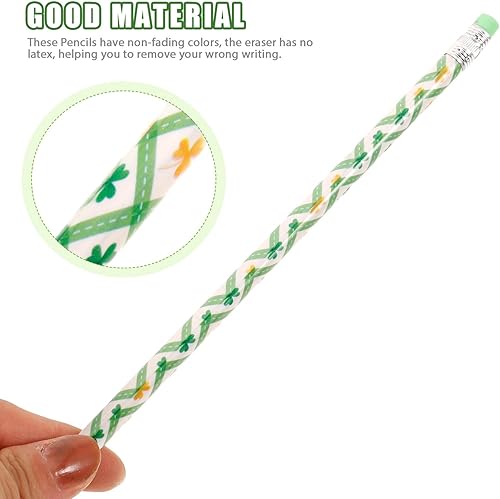 Miniatura 5 de EXCEART Lápices del Día de San Patricio, 12 lápices de trébol con borrador, tréboles, novedosos lápices de rayas, lápices de madera de la suerte,