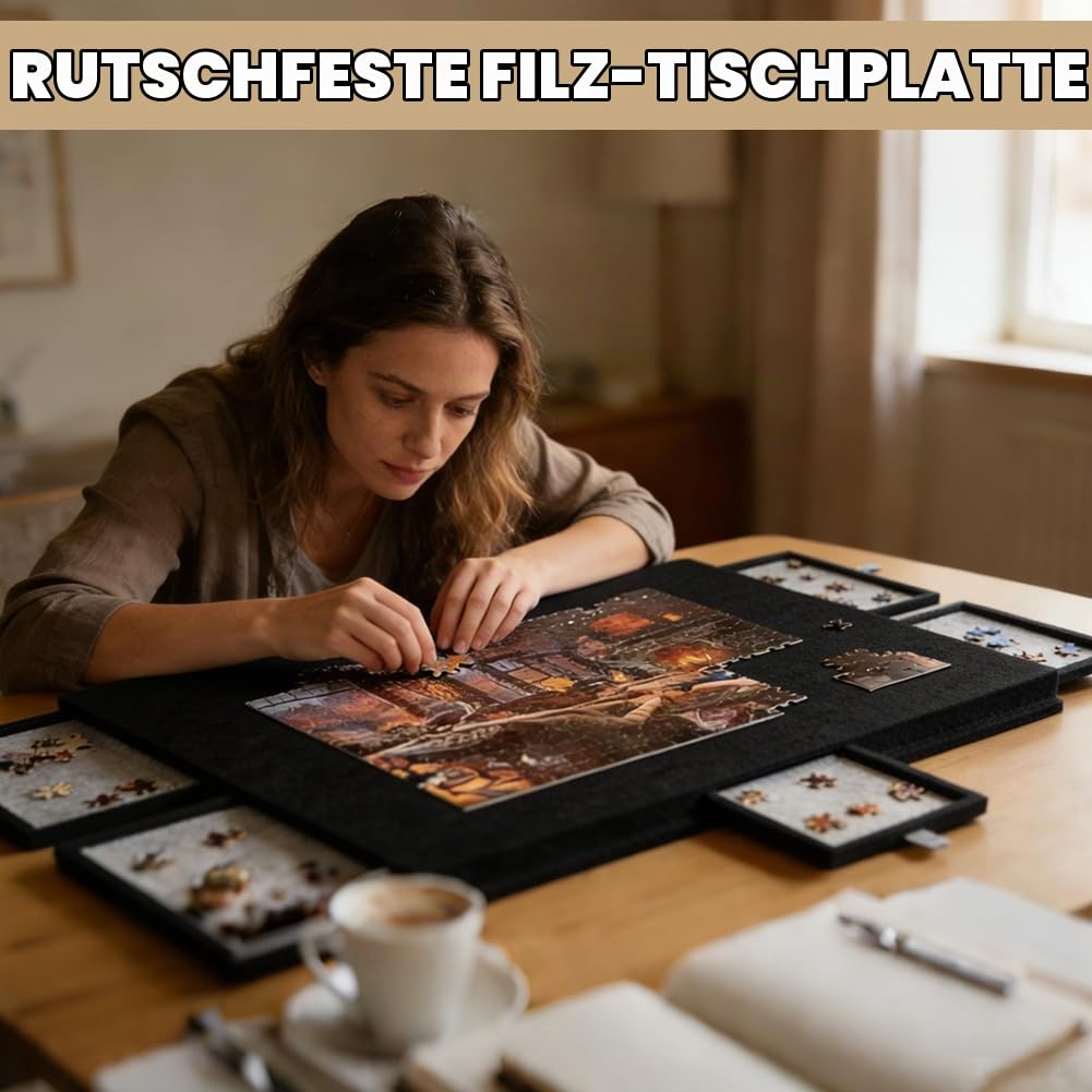 Puzzletisch 1000 Teile, Tragbarer Puzzlebrett mit 6 Schubladen, Schwarz | Leichter Filz-Aufbewahrungskoffer, Tragbare Puzzle Aufbewahrung für 1000 Teile, Kippbarer Puzzletisch, für Erwachsene Kinder