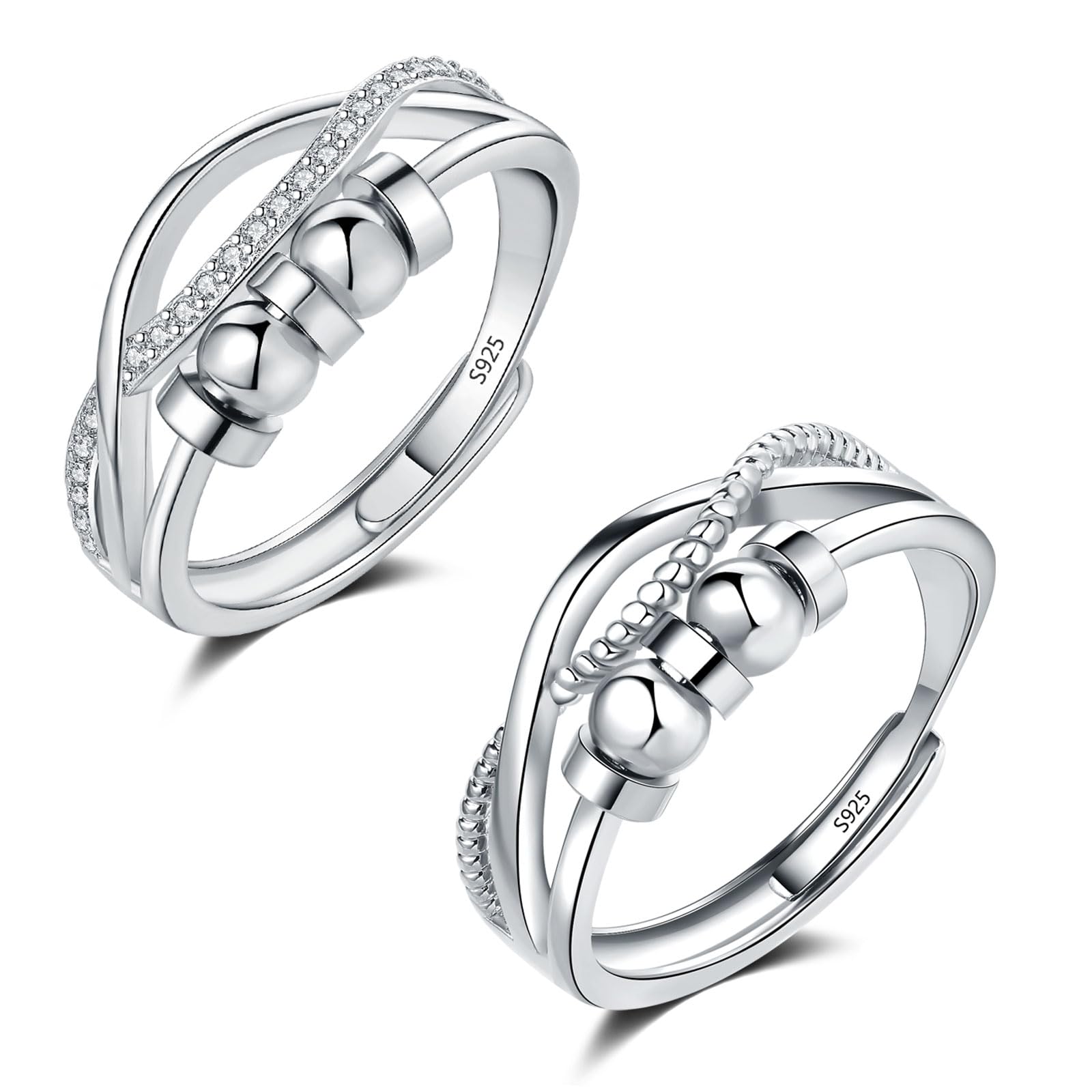 Loutade Silver Anxiety Rings, 2PCS 925 Sterling Silver Promise Rings Set, Silver Fidget Rings with Cubic Zircon, Adjustable Open Silver Couple Ring, Infinity Wedding Eternity Engagement Rings for Her