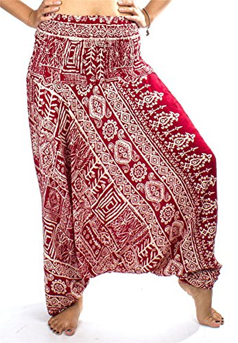 LOFBAZ Yoga Harem Pants for Women Boho Hippie Bohemian Clothing Womens Indian Beach Gypsy Clothes Maternity Genie Jumpsuit Funky Burgundy M