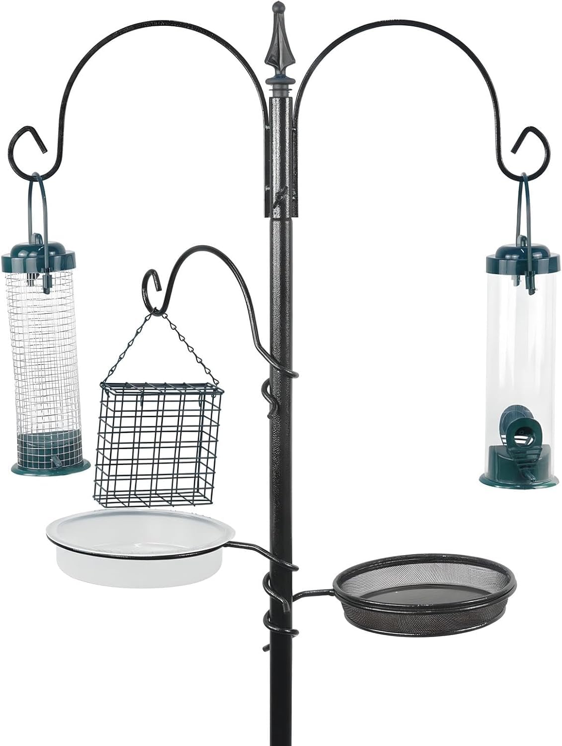 PRADICHI Bird Feeding Station Kit – Heavy Duty Metal Pole Stand with 4 Hooks & 3 Tube Feeders Included. Outdoor Wild Bird Feeder Hanging Station for Garden, Patio & Yard Decor (Black)