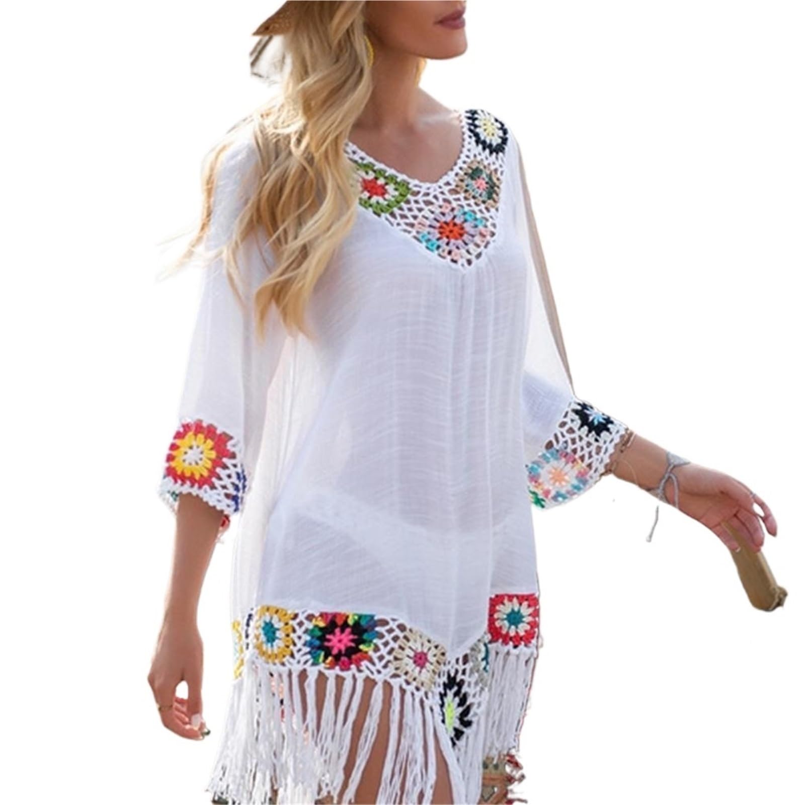 Pareo Donna Mare Copricostume Bikini Traforato all'Uncinetto Estivo Ampio e Attillato for la Spiaggia(C-White)